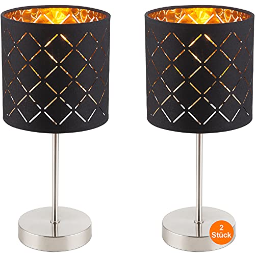 Nachttischlampe 2er Set Schwarz Metall - Tischlampe Wohnzimmer Modern - Lampenschirm E14 Stoff Rund - Lampe Schlafzimmer Nachttisch Gold Licht - Dekolampen Innen Fensterbank - 35 cm von bmf-versand