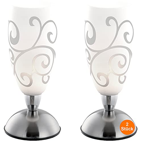 Nachttischlampe 2er Set Touch Säule - Tischlampe Wohnzimmer Modern Silber - Lampenschirm Glas Weiß Ornamente - Lampe Schlafzimer Nachttisch - Dekolampen Innen Fensterbank - 28 cm von bmf-versand