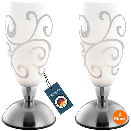 Nachttischlampe 2er Set Touch Säule - Tischlampe Wohnzimmer Modern Silber - Lampenschirm Glas Weiß Ornamente - Lampe Schlafzimer Nachttisch - Dekolampen Innen Fensterbank - 28 cm von bmf-versand