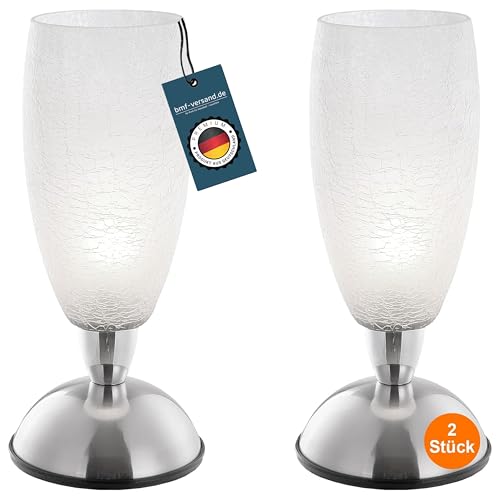 Nachttischlampe 2er Set Touch Schalter - Tischlampe Wohnzimmer Modern Silber - Lampenschirm Glas Weiß Bruch Optik- Lampe Schlafzimer Nachttisch - Dekolampen Innen Fensterbank - 28 cm von bmf-versand