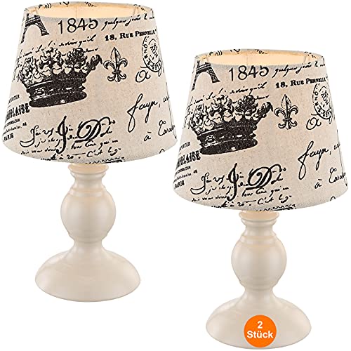 Nachttischlampe 2er Set Vintage – Tischlampe Wohnzimmer Metall – Dekolampe Innen Fensterbank – Tischleuchte Lampenschirm E14 Stoff Beige mit Schrift – Nachttischleuchte Schlafzimmer Retro von bmf-versand