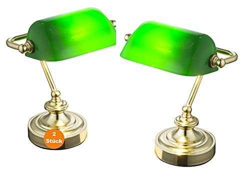 Schreibtischlampe Retro Bankerlampe Grün 2 Stück - Nachttischlampe 2er Set Vintage - Tischlampe Retro Messing Farben - Grüner Lampenschirm - Bürolampe Schreibtisch - Bankers Lampe von bmf-versand