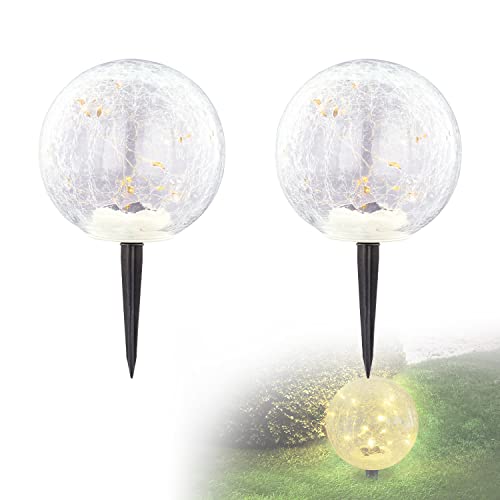 Solarlampe für Außen Kugel Stehend 2er Set – Solarleuchte Garten 15 cm – Außenleuchte Gartenlampe LED – Leuchte Solar Aussenlampe IP 44 Schalter Glas Crackle Erdspieß von bmf-versand