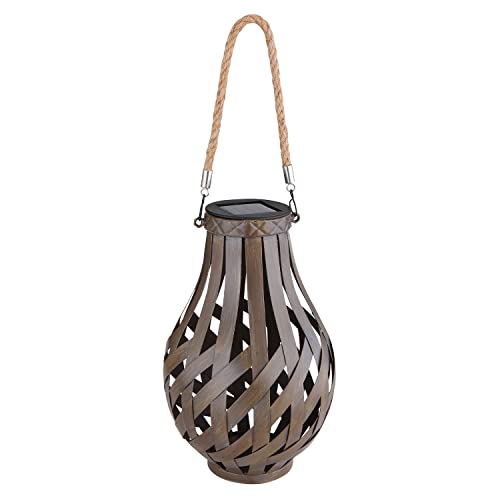 Solarlampe für Außen Laterne Stehend Hängend mit Pflegetuch – Solarleuchte Garten 27 cm Hoch – Außenleuchte Gartenlampe LED – Leuchte Solar Aussenlampe IP 44 Metall Bambus Braun Schalter von bmf-versand
