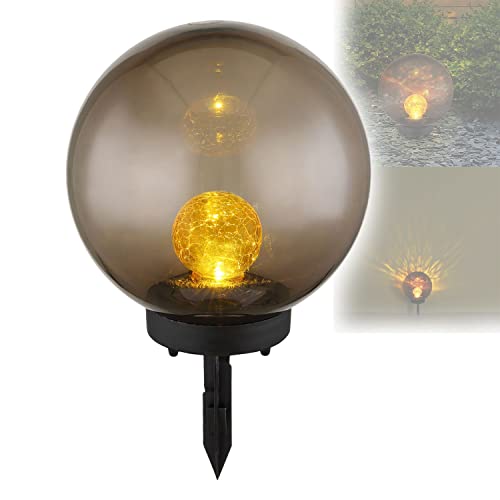 Solarlampe für Außen Stehend Kugel mit Pflegetuch – Solarleuchte Garten 20 cm Durchmesser – Außenleuchte Gartenlampe LED – Leuchte Solar Aussenlampe IP 44 Rauchfarben Amber Crackle Erdspitz von bmf-versand