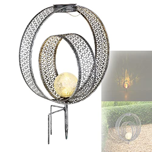 Solarlampe für Außen Stehend Ring mit Pflegetuch – Solarleuchte Garten 42 cm – Außenleuchte Gartenlampe LED – Leuchte Solar Aussenlampe IP 44 Silber Glas Metall Erdspitz von bmf-versand