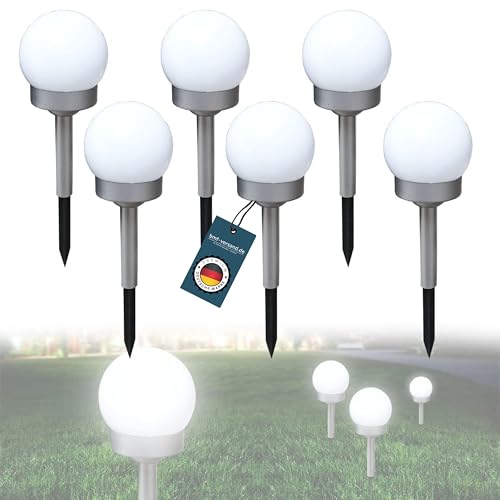 bmf-versand Solarlampe für Außen Stehend Wegeleuchte 6er Set – Solarleuchte Garten Höhe 35 cm – Außenleuchte Gartenlampe LED – Solarkugel Aussenlampe Solar IP 44 Weiß Silber Metallic von bmf-versand