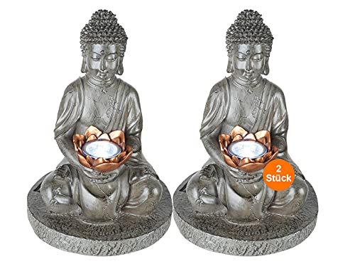 bmf-versand® Solarlampen für Außen Deko mit LED 2er Set - Gartendeko Figuren Steinoptik - Solarleuchten Garten Groß - Außenlampe Stehend Solar Buddah Blume - Höhe 30 cm von bmf-versand