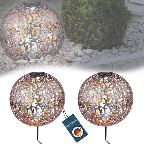 bmf-versand® Solarlampen für Außen Kugel 30 cm mit LED 2er Set - Gartendeko Vintage Metall Silber - Solarleuchten Garten Deko 2 Stück - Außenlampe Retro Stehend Orientalisch von bmf-versand