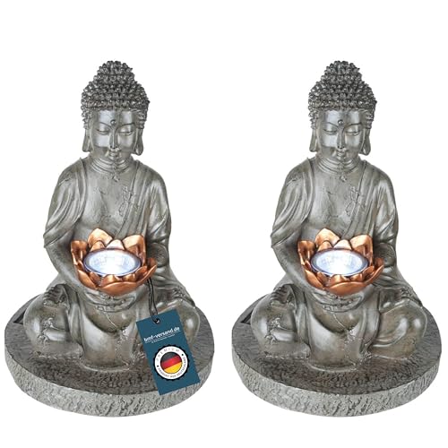 Solarleuchte für Außen Garten Buddha Figur 2er Set - Solarleuchte Balkon Statue - Gartenlampe Höhe 30 cm - Außenleuchte LED Stehend - Gartendeko Solar Wetterfest von bmf-versand