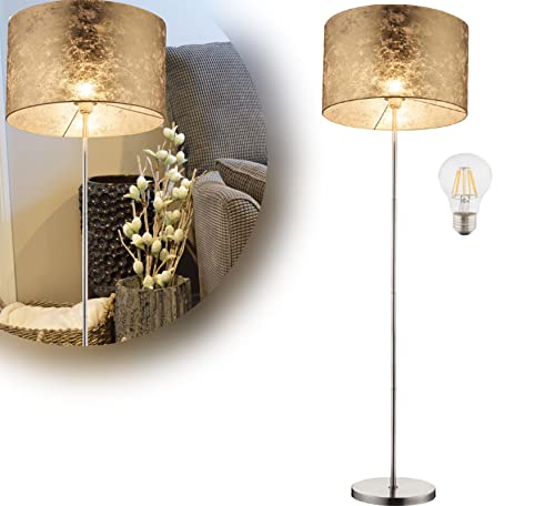 Stehlampe Wohnzimmer Gold Textil Lampenschirm - LED Stehleuchte Stoffschirm 40 cm Goldfarben - Standlampe Schlafzimmer Höhe 160 cm - Standleuchte inkl Leuchtmittel von bmf-versand