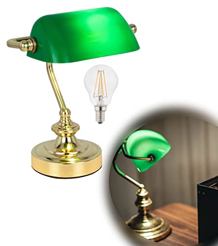 bmf-versand® Bankerlampe Grün Messing Retro - Kleine Schreibtischlampe Grüner Lampenschirm - Banker Tischlampe Büro - Schreibtischleuchte Leuchtmittel LED - Bürolampe Schreibtisch Höhe 24 cm von bmf-versand