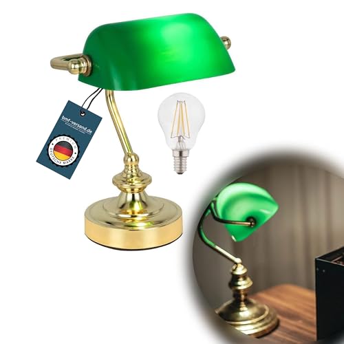 bmf-versand® Bankerlampe Grün Messing Retro - Kleine Schreibtischlampe Grüner Lampenschirm - Banker Tischlampe Büro - Schreibtischleuchte Leuchtmittel LED - Bürolampe Schreibtisch Höhe 24 cm von bmf-versand