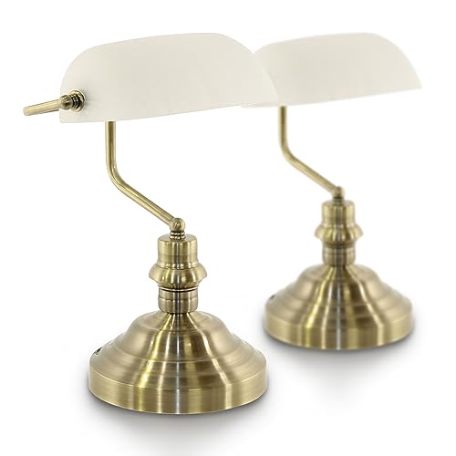 bmf-versand® Bankerlampe Weiß Messing Retro als 2er Set - Schreibtischlampe LED mit Weißem Glas Lampenschirm - Banker Tischlampe Büro - Schreibtischleuchte mit Leuchtmittel E27 von bmf-versand