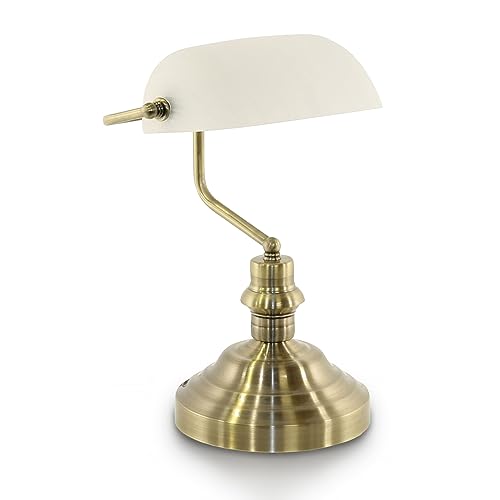 bmf-versand® Bankerlampe Weiß Messing Retro inklusive Leuchtmittel - Schreibtischlampe LED mit Weißem Glas Lampenschirm - Banker Tischlampe Büro - Schreibtischleuchte inkl. Pflegetuch von bmf-versand