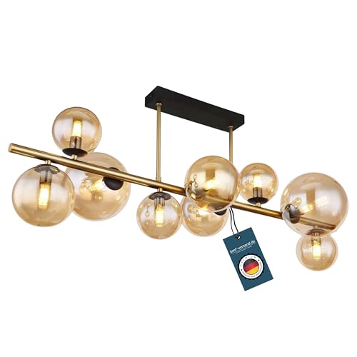 bmf-versand® Deckenlampe LED Wohnzimmer - Hängelampe Esstisch Glas Kugeln Amber - Hängeleuchte Esszimmer Modern - Deckenleuchte 9-flammig Messing Farben von bmf-versand