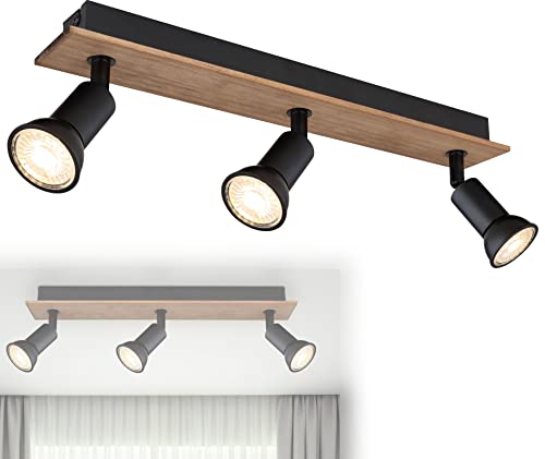 bmf-versand® Deckenstrahler 3 Flammig Schwenkbar - Deckenleuchte mit 3 Spots Schwarz Holz Optik - Deckenlampe Wohnzimmer Modern - Strahler Küche Fassung GU10 von bmf-versand
