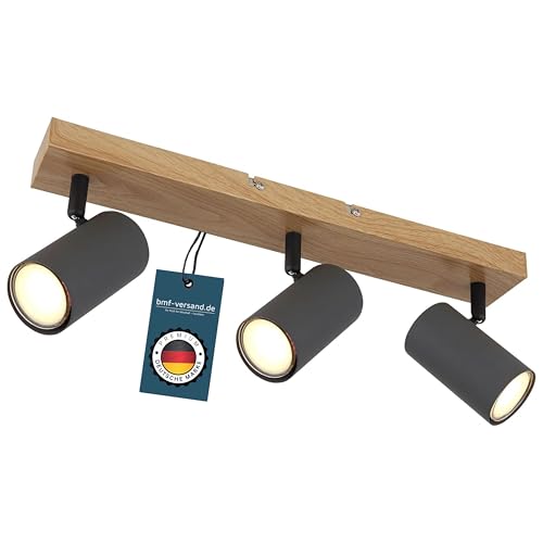 bmf-versand® Deckenstrahler 3 Flammig Schwenkbar Graphit - Deckenleuchte mit 3 Spots Holz Optik - Deckenlampe Wohnzimmer Modern - Strahler Küche Fassung GU10 von bmf-versand