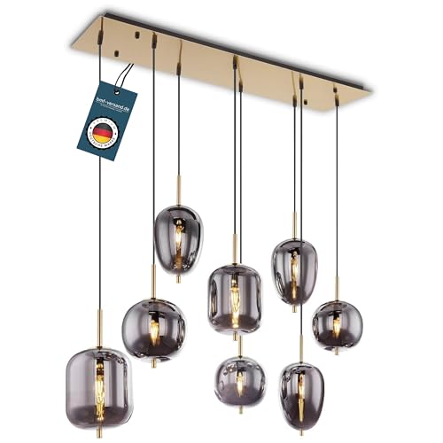 bmf-versand® Hängelampe Esstisch 8-Flammig aus Glas - Moderne Pendelleuchte Messingfarben Rauchglas als Wohnzimmerlampe hängend - Hängeleuchte Deckenleuchte Flur Esszimmerlampe von bmf-versand