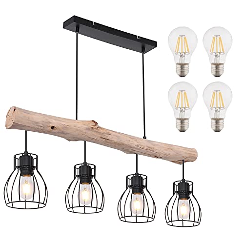 bmf-versand® Hängelampe Esstisch Holzbalken Vintage mit LED - Hängeleuchte Schwarz Metall Holz - Pendelleuchte 4 Flammig - Pendellampe Wohnzimmer Hängend Modern Gitter von bmf-versand