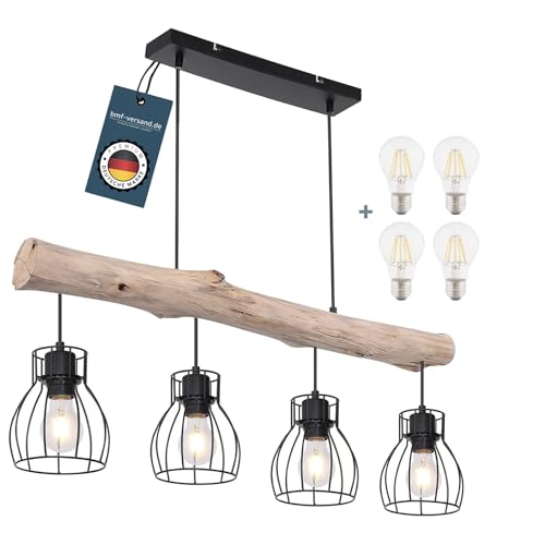 bmf-versand® Hängelampe Esstisch Holzbalken Vintage mit LED - Hängeleuchte Schwarz Metall Holz - Pendelleuchte 4 Flammig - Pendellampe Wohnzimmer Hängend Modern Gitter von bmf-versand