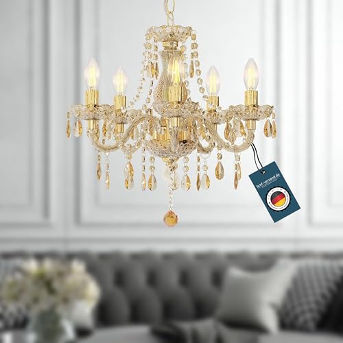 bmf-versand® Hängelampe aus Metall goldfarben mit Kristalle inkl. Pflegetuch - Kronleuchter Luster Acrylkristalle 5-flammig für Wohnbereich und Essbereich – Pendelleuchte 5x E14 Fassung 40 Watt von bmf-versand