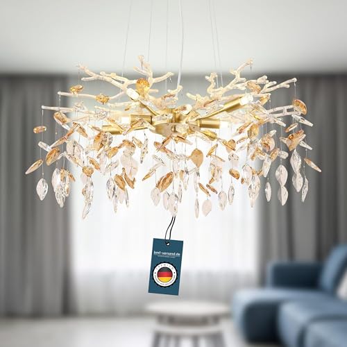 bmf-versand® Hängelampe aus Metall goldfarbig mit Kristalle inkl. Pflegetuch - Kronleuchter 8-flammig für Wohnbereich und Essbereich - Pendelleuchte 8x G9 Fassung 8 Watt von bmf-versand