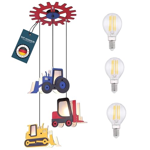 bmf-versand® Kinderlampe Decke Jungen LED - Hängelampe Kinderzimmer Junge - Kinderzimmerlampe Hängend Bunt - Kinderleuchte Inkl. Leuchtmittel - Pendellampe Kinder Bagger Traktor von bmf-versand