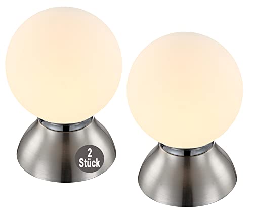 bmf-versand® Nachttischlampe Touch 2er Set mit LED – Tischlampe Wohnzimmer Modern Glas – Lampe Schlafzimmer Nachttisch Warmweiß – Tischleuchte Weiß Silber – Nachttischleuchte Kugel von bmf-versand