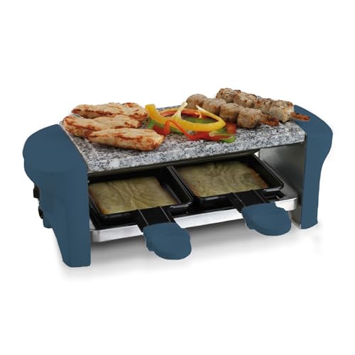 bmf-versand® Raclette 2 Personen mit Steinplatte - Tischgrill elektrisch - Elektrogrill Heißer Stein - Raclette-Grill blau abnehmbare Granitplatte - Pfännchen antihaftbeschichtet leichte Reinigung von bmf-versand