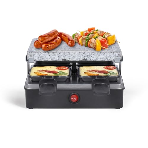 bmf-versand® Raclette 4 Personen Grill Heißer Stein - Tischgrill Elektrisch 600 Watt - Elektro Grill mit Steinplatte - 4 Pfännchen mit Antihaftbeschichtung - Abnehmbare Granit Grillplatte von bmf-versand