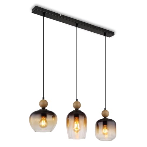 bmf-versand® Rauchglas Hängelampe Esstisch 3-Flammig Amber Rauchglas - Moderne Pendelleuchte matt schwarze Metall und dunkler Holzoptik als Wohnzimmerlampe Schlafzimmerlampe hängend von bmf-versand