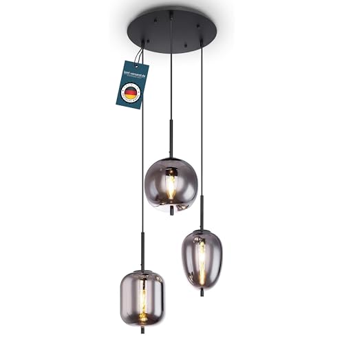 bmf-versand® Rauchglas Hängelampe Esstisch 3-Flammig aus Glas - Moderne Pendelleuchte Schwarz als Wohnzimmerlampe Schlafzimmerlampe hängend - Hängeleuchte Deckenleuchte Flur Esszimmerlampe von bmf-versand