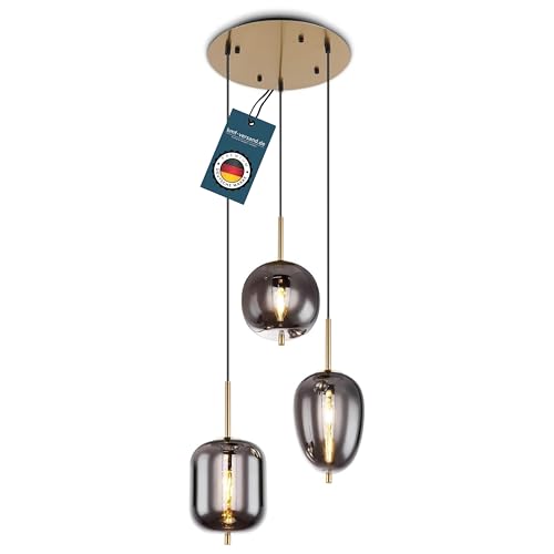 bmf-versand® Rauchglas Hängelampe Esstisch 3-Flammig aus Glas - Moderne Pendelleuchte messingfarben als Wohnzimmerlampe Schlafzimmerlampe hängend - Hängeleuchte Deckenleuchte Flur Esszimmerlampe von bmf-versand