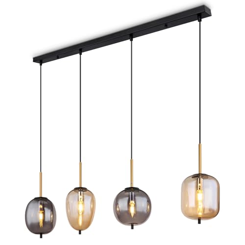 bmf-versand® Rauchglas Hängelampe Esstisch 4-Flammig aus Glas - Moderne Pendelleuchte als Wohnzimmerlampe Schlafzimmerlampe hängend Amber Rauchglas Messing - Hängeleuchte Deckenleuchte Flur E14 von bmf-versand