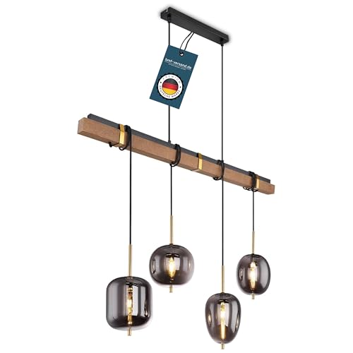 bmf-versand® Rauchglas Hängelampe Esstisch 4-Flammig aus Glas und Holz - Moderne Pendelleuchte messingfarben als Esszimmerlampe Wohnzimmerlampe hängend - Hängeleuchte Deckenleuchte Flur von bmf-versand