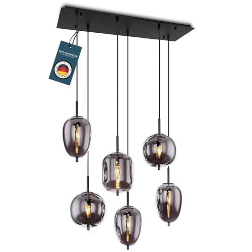 bmf-versand® Rauchglas Hängelampe Esstisch 6-Flammig aus Glas - Moderne Pendelleuchte Schwarz als Wohnzimmerlampe Schlafzimmerlampe hängend - Hängeleuchte Deckenleuchte Flur Esszimmerlampe von bmf-versand