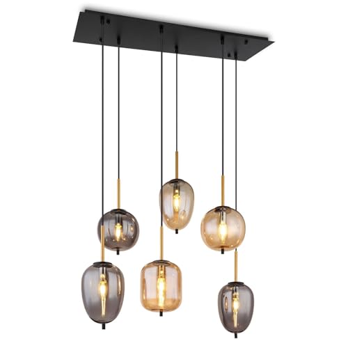 bmf-versand® Rauchglas Hängelampe Esstisch 6-Flammig aus Glas - Moderne Pendelleuchte als Wohnzimmerlampe Schlafzimmerlampe hängend Rauchglas Amber Messing - Hängeleuchte Deckenleuchte Flur E14 von bmf-versand
