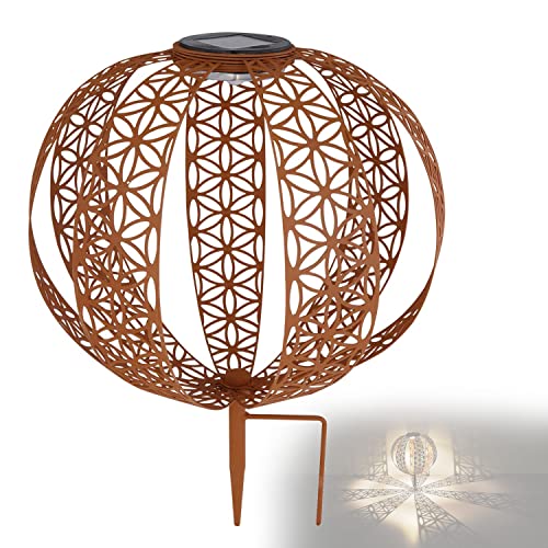 bmf-versand® Solarlampe für Außen Garten Kugel Rost Optik - Solarleuchte Balkon Erdspieß - Gartenlampe Durchmesser 30 cm - Außenleuchte LED Stehend - Gartendeko Solar Wetterfest - inkl Pflegetuch von bmf-versand