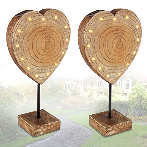 bmf-versand® Solarlampe für Außen Stehend Herz in Holzoptik 2er Set – Solarleuchte Garten – Außenleuchte Gartenlampe LED – Leuchte Solar Aussenlampe IP 44 Erdspitz von bmf-versand