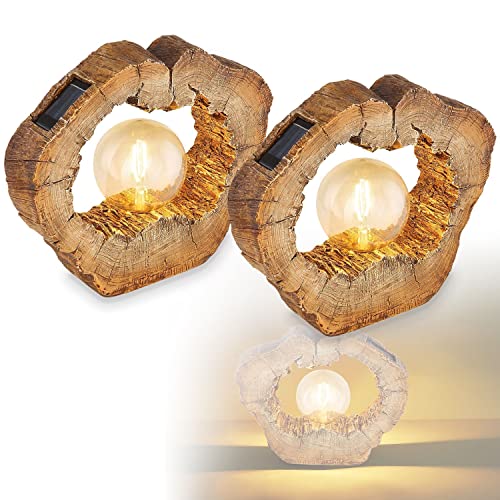 bmf-versand® Solarlampe für Außen Stehend Holzscheibe 2er Set – Solarleuchte Garten 25 cm Hoch – Außenleuchte Gartenlampe LED – Leuchte Solar Aussenlampe IP 44 Holzoptik Baumstamm von bmf-versand