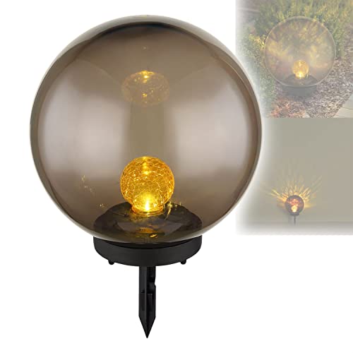 bmf-versand® Solarlampe für Außen Stehend Kugel mit Pflegetuch – Solarleuchte Garten 25 cm Durchmesser – Außenleuchte Gartenlampe LED – Leuchte Solar IP 44 Rauchfarben Amber Crackle Erdspitz von bmf-versand