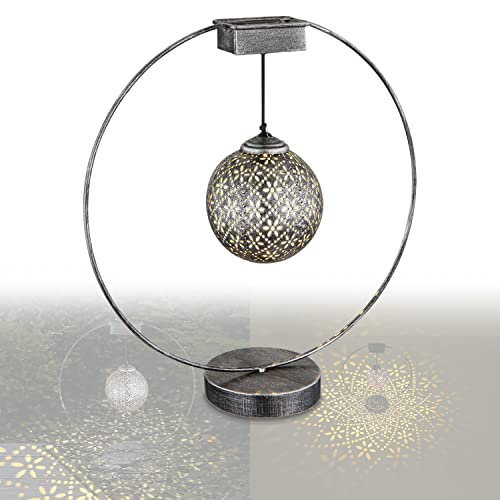 bmf-versand® Solarlampe für Außen Stehend Ring Kugel mit Pflegetuch – Solarleuchte Garten 32 cm Hoch – Außenleuchte Gartenlampe LED - Leuchte Solar Aussenlampe IP 44 Metall Schwarz Silber von bmf-versand