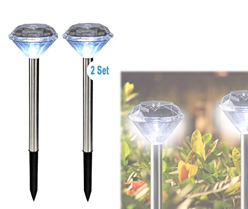 bmf-versand® Solarlampen für Außen Garten Edelstahl 2er Set - 2 Wegeleuchte Solar Diamant Form - Solarleuchte Erdspieß Höhe 34 cm - Aussenlampe LED Wegelampe - Gartenlampe Stehend von bmf-versand