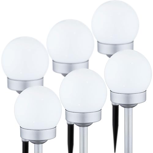 bmf-versand® Solarlampen für Außen Kugel mit LED 6er Set - Solarleuchten Garten Deko 6 Stück - Gartendeko Solar Groß - Solarlampe Weiß Rund Spieß - Wegeleuchte Höhe 30 cm - Gartenbeleuchtung Kugeln von bmf-versand