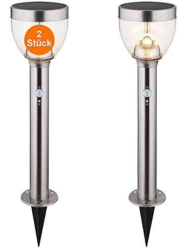 bmf-versand® Solarlampen für Außen mit Bewegungsmelder Edelstahl mit LED 2er Set - Solarleuchten Garten Groß Erdspieß - Gartendeko Modern Solar - Außenlampe Stehend - Höhe 55 cm von bmf-versand