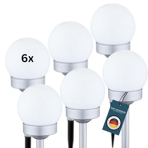 bmf-versand® Solarlampen für außen Garten als 6er Set - Solar Wegeleuchten aussen mit Erdspieß in Silber - Solarleuchte Garten Gartenleuchten Kugel Solarlampe Außen Gartenlampe Solarkugel IP44 von bmf-versand