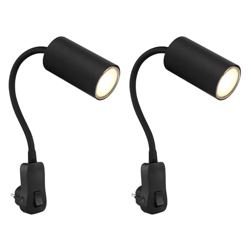 bmf-versand® Steckdosenlampe mit Schalter 2er Set - Nachtlicht Lampe Schlafzimmer - Nachttischlampe mit Schalter Wandmontage Schwarz - Leselampe Kinder Wandleuchte mit Stecker Schwanenhals GU10 von bmf-versand