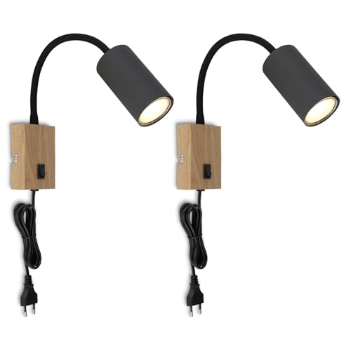 bmf-versand® Steckdosenlampe mit Schalter 2er Set - Nachtlicht Lampe Schlafzimmer - Nachttischlampe mit Schalter Wandmontage Schwarz - Leselampe Kinder Wandleuchte mit Stecker Schwanenhals GU10 von bmf-versand