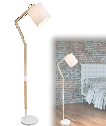 bmf-versand® Stehlampe Wohnzimmer Retro - Stehleuchte Textilschirm Holz - Standleuchte Schlafzimmer Höhe 172 cm - Standlampe Verstellbar - Leselampe Schlafzimmer Weißer Stoff Lampenschirm von bmf-versand